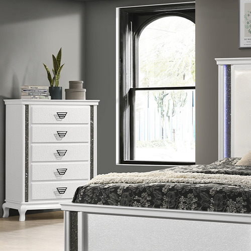 CAROLINA bedroom set malaysia with moondance white drawer, decor plant and trinkets aside window