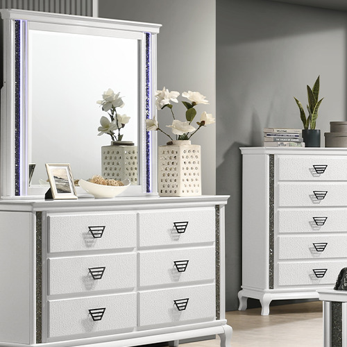 CAROLINA bedroom furniture set malaysia moondance white drawer cabinet, mirror and decor plant