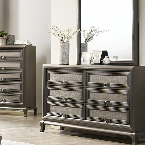 CHANEL solid wood bedroom set malaysia with brown grey color cabinet drawer, mirror and some decorations