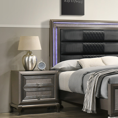 CHANEL bedroom furniture set malaysia with brown grey color bed, pillow set and mini drawer with decor lamp