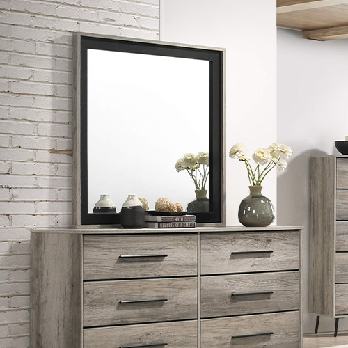 CIDRA bedroom furniture set malaysia with warm wood tones chest drawer, mirror and decorations