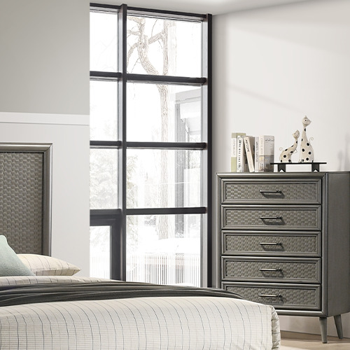 CROCO solid wood bedroom set malaysia with battleship grey chest drawer aside ceiling glass windows