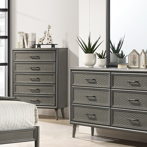 CROCO bedroom set malaysia with battleship grey chest drawer and decorations