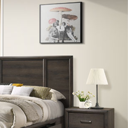 GUNNISON solid wood bedroom set Malaysia with a beige bed set, cabinets and decorative lamp