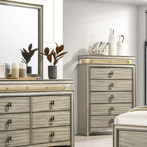 KHALI bedroom furniture set malaysia with neutral palette drawer cabinet, mirror and decoration