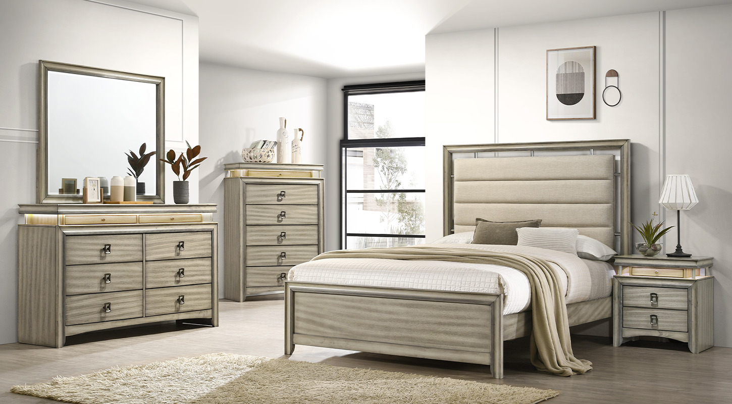 KHALI solid wood furniture overview of neutral palette design on the full set bed furniture