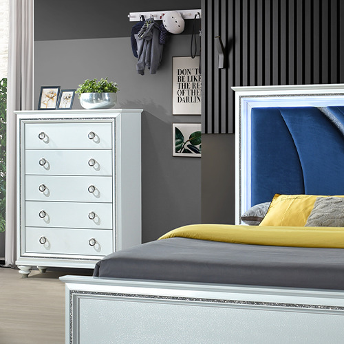 KINGSTON bedroom furniture set malaysia with pearl white chest drawer, decor plant, picture frame