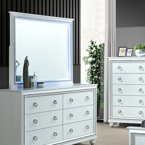 KINGSTON bedroom set malaysia with pearl white chest drawer cabinet come with mirror and decoration trinkets