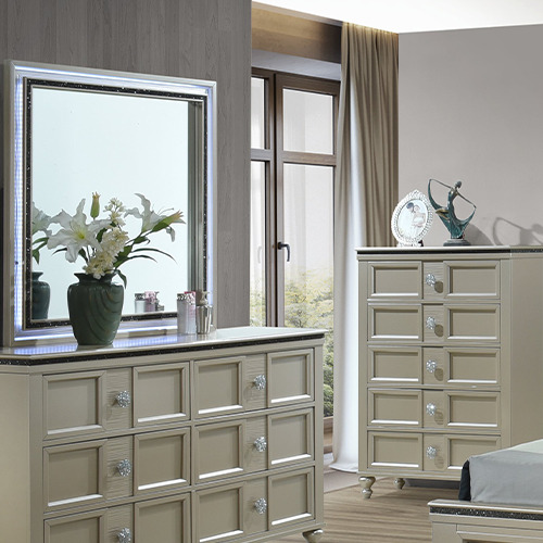 KYOTO bedroom furniture set malaysia wooden color chest drawer with decor plant, trinkets and mirror