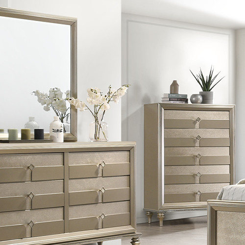 MIRAGE bedroom set malaysia with napa color drawer cabinet, some decor plant and decorations