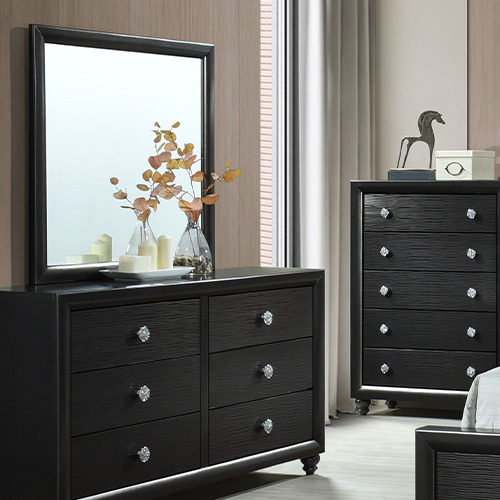 ODESSA bedroom furniture set malaysia with black wood drawer cabinet, mirror, decorative plant and trinkets