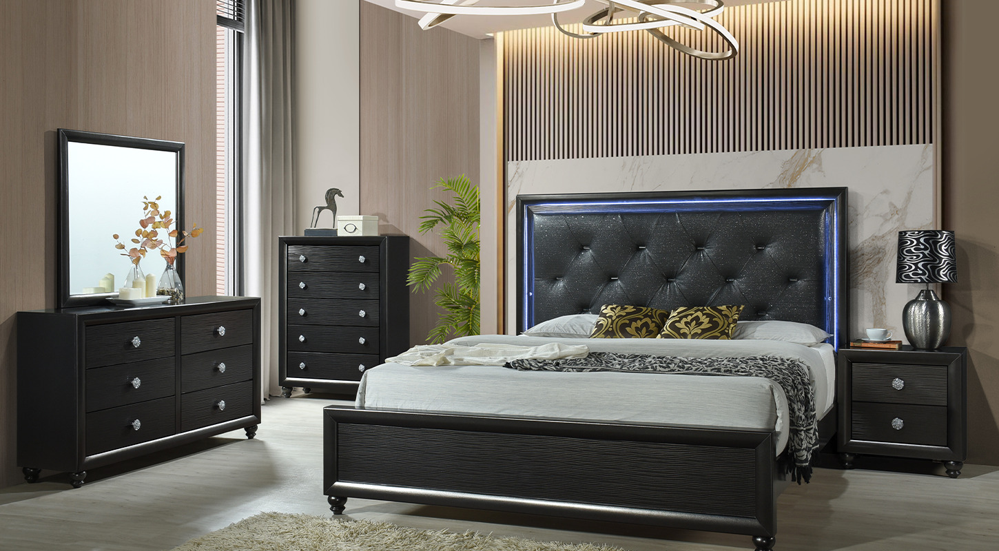 ODESSA solid wood furniture set overview of the black wood color bed furniture design