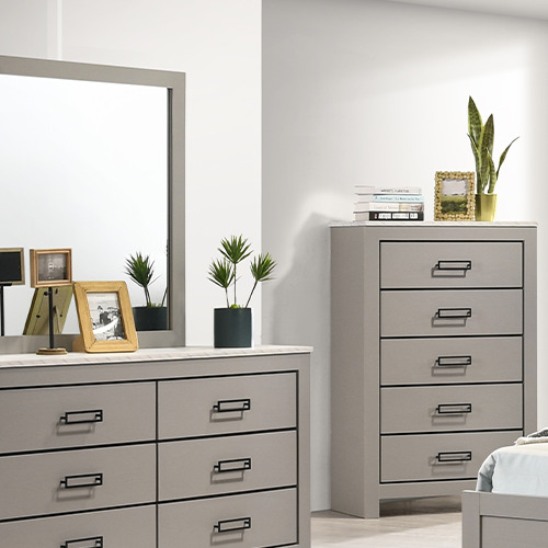 OMEGA bedroom furniture set malaysia with the silver grey drawer cabinet and some decorations