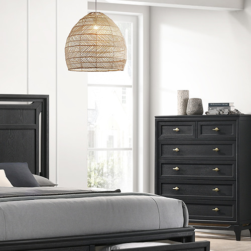 PHOENIX bedroom set malaysia with black finishing bedroom design and rattan pendant lamp