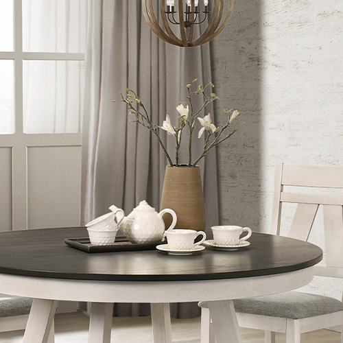 ROGEN dining set malaysia with the teapot, tea cups and decor plant on the dining table