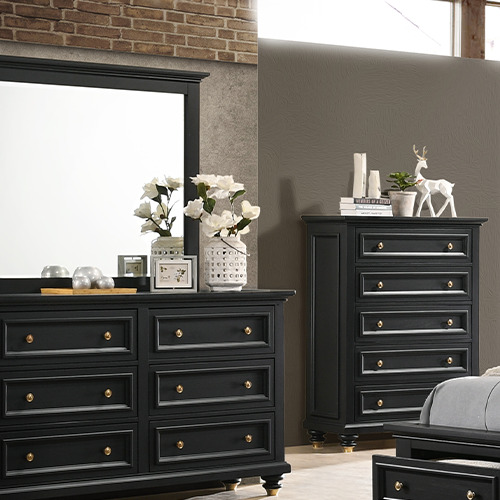 ROME bedroom set malaysia with dark series chest drawer and trinkets decorations