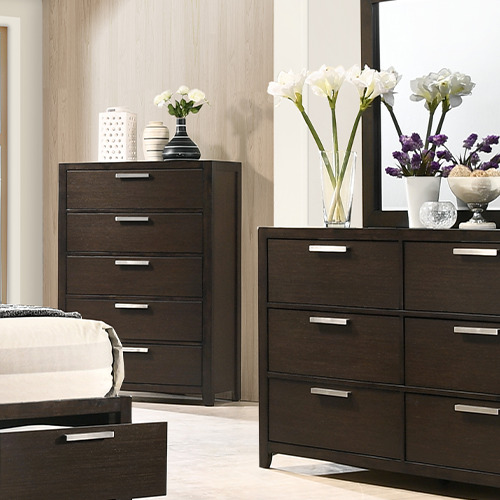 SANDY solid wood bedroom set malaysia with dark wooden color chest drawer with decor flowers