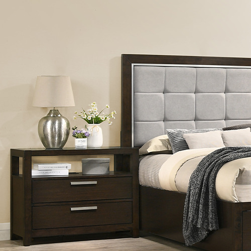 SANDY bedroom furniture set malaysia with wooden drawer nightstands and decor plant and lamp