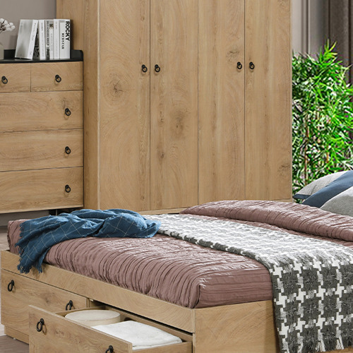 SELENA solid wood bedroom set malaysia with the wooden wardrobe, drawer and colorful bed set