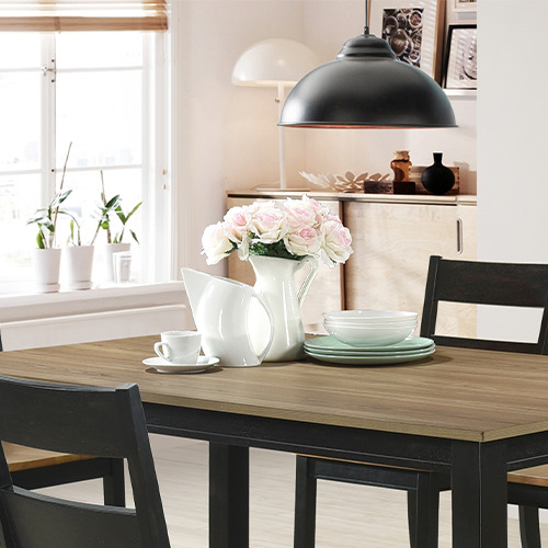 SUMMERSET wood dining table malaysia with the dining utensils on the tables and ceiling lamp