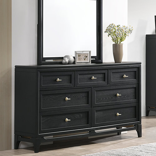 BRIANA bedroom set malaysia with a dark brown chest drawer with mirror, decor planting and picture frame