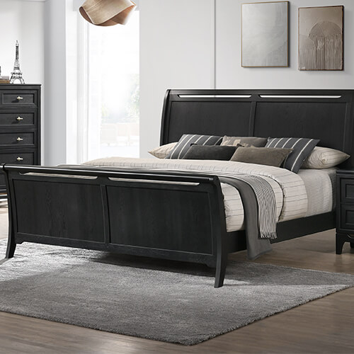 BRIANA solid wood bedroom set malaysia with dark brown bed frame, rug carpet, sheets and pillows set