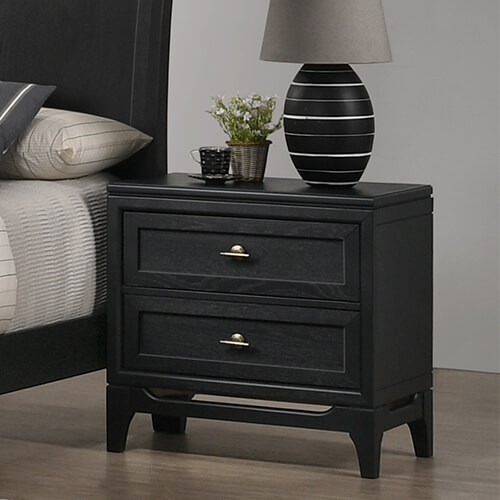 BRIANA bedroom furniture set malaysia with dark brown mini drawer cabinet and decorative lamp and planting