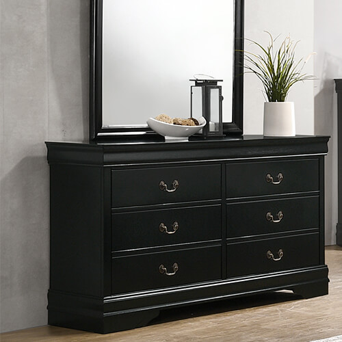 LOIUS PHILIPPE bedroom set malaysia black wood color chest drawer with mirror, decorative plant and lamp