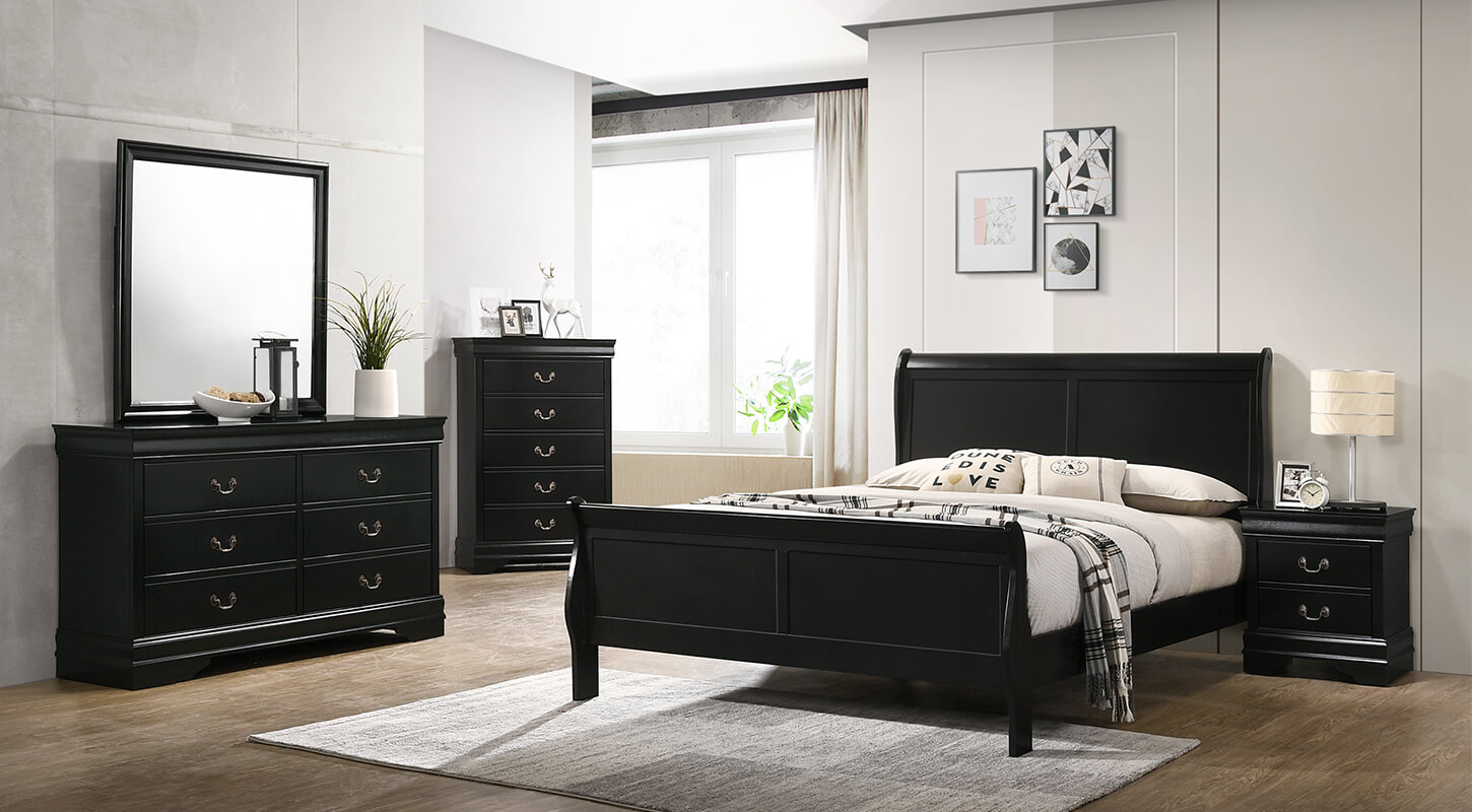 LOIUS PHILIPPE wooden bed malaysia with whole view of black wood color decoration and bed set furniture